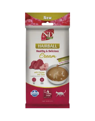 Gustare cremoasă anti-ghemotoace pentru pisici adulte FARMINA N&D Quinoa Hairball 4x15 g cu pui și ton