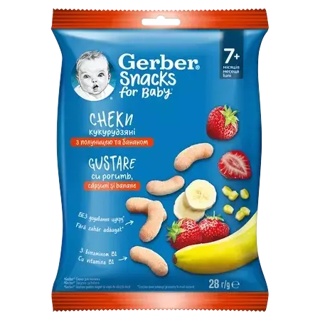 Gustare cu porumb capsuni si banane de la 7 luni, 28g, Gerber