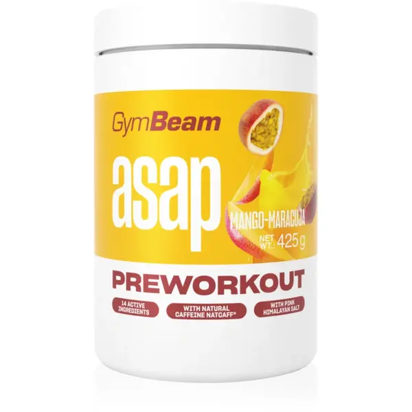 GymBeam ASAP Pre-Workout băutură solubilă pentru susținerea performanțelor sportive aroma Mango Maracuja 425 g