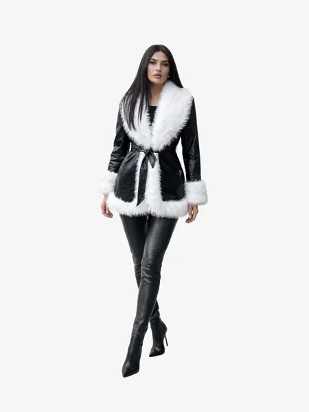 Haina din Piele Ecologica cu Blana, Neagra - S