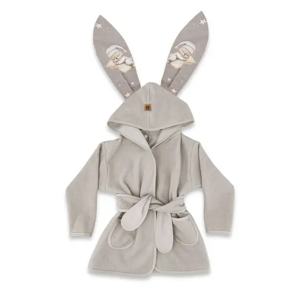 Halat de baie, MimiNu, Cu urechi, 2 - 5 ani, Moale, Cu buzunare, Cu cordon, Din bumbac si thermo fleece, Materiale certificate Oeko Tex Standard 100, Bedtime story beige
