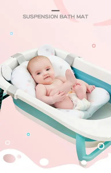 Hamac de baie pentru copii, Little Mom, design ergonomic cu fixare pe cadita in clipsuri laterale, material cu uscare rapida umplut cu bilute mici de poliester, dimensiune 76 x 51 cm, Baby Green