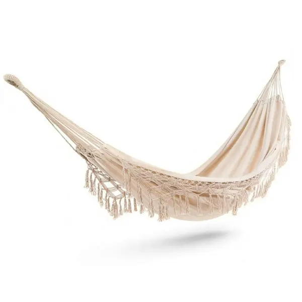 Hamac dublu pentru gradina sau curte cu franjuri, Baby Mix, XXL Boho, 200 x 150 cm, Ecru