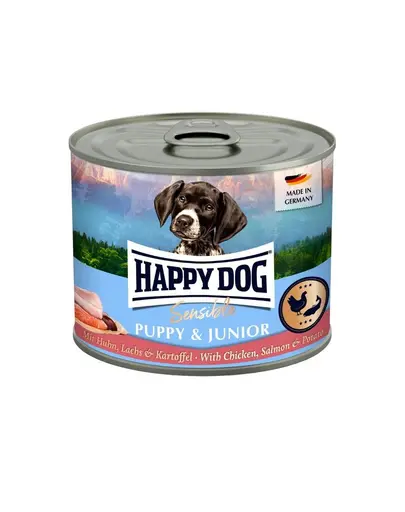 HAPPY DOG Sensible Puppy Junior Pui, somon și cartof hrană umedă pentru căței și câini tineri 200 g