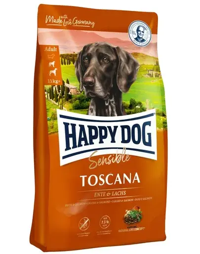 HAPPY DOG Supreme Toscana Hrana uscata pentru caini adulti, cu rata si somon 12.5 kg
