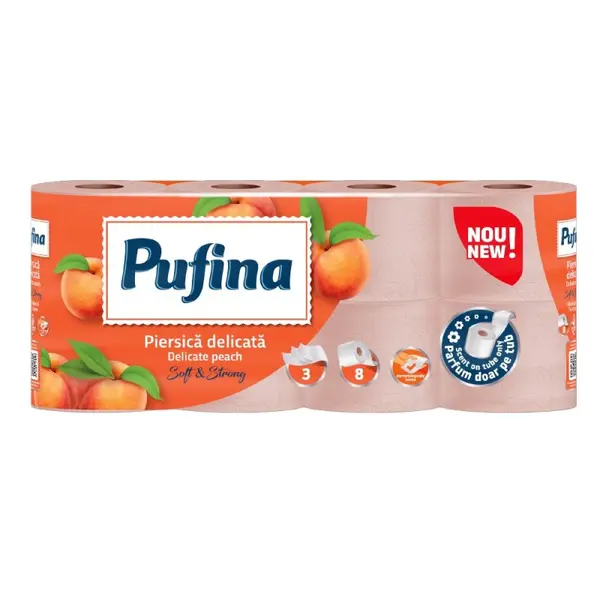 Hartie Igienica Pufina Delicate Peach, Piersica, 3 Straturi, 8 Role