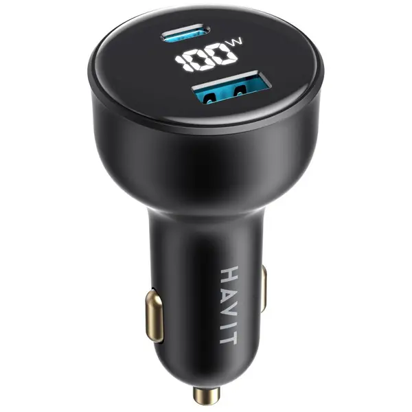 HAVIT Incarcator auto cu Display Digital HAVIT CC100W, 1 USB-A, 1 USB-C, 100W, Negru