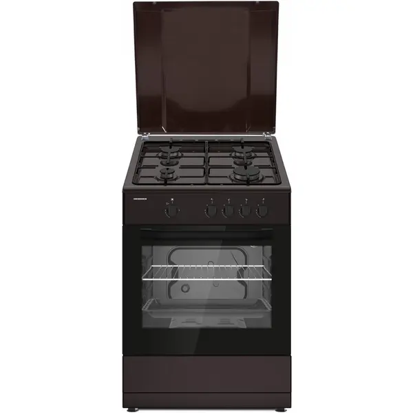 HEINNER Aragaz Heinner HFSC-SME66IBRW, gaz, 4 arzatoare, Suport email, Capac metalic, Aprindere electrica, Dispozitiv de siguranta plita si cuptor, Usa cuptor cu geam dublu, Duze GPL incluse, Tava si gratar cromat, Maro