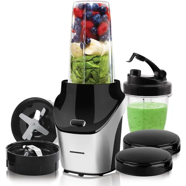 HEINNER Blender sport Heinner Vitamiser 1000 HSB-T1000SS, 1000W, recipiente Tritan fara BPA 1/0.45L, rasnita inclusa, buton ON/OFF, 18000RPM, lame din inox, 2 capace suplimentare, carcasa din inox, Argintiu/Negru
