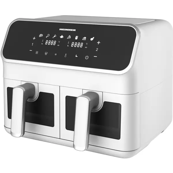 HEINNER Friteuza dubla cu aer cald Heinner DualFry Supreme HAF-H8DB17WH, 1700W, capacitate totala: 8L, display digital, control touch, control individual, 8 programe, functii SYNC & MATCH, ferestre supraveghere, Alb