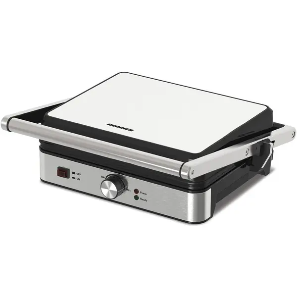 HEINNER Grill electric Heinner SunsetGrill HEG-K2000SS, 2000W, Placi fixe cu invelis antiaderent, Dimensiuni placi: 30 X 24.9 cm, Temperatura reglabila, Maner rece, Deschidere 180˚, Indicatoare luminoase „ON” si „gata de folosire”, Tava colectare ulei