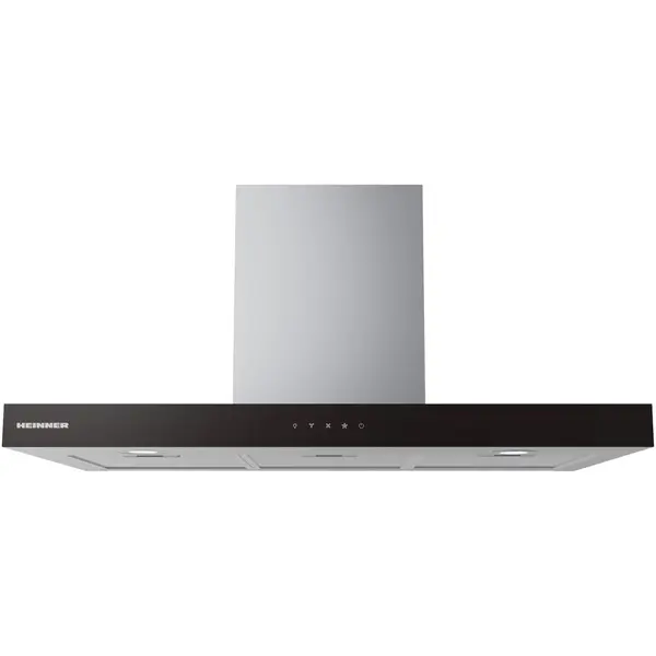 HEINNER Hota decorativa Heinner HDCH-MD90TIX, 90cm, design t-shape, 800 m³/h, 4 trepte de viteza, motor: 1 x 250w, lumina led: 2 x 1.5w, 3 filtre aluminiu, control touch, diametru tub evacuare: 150mm, Inox+Sticla Neagra