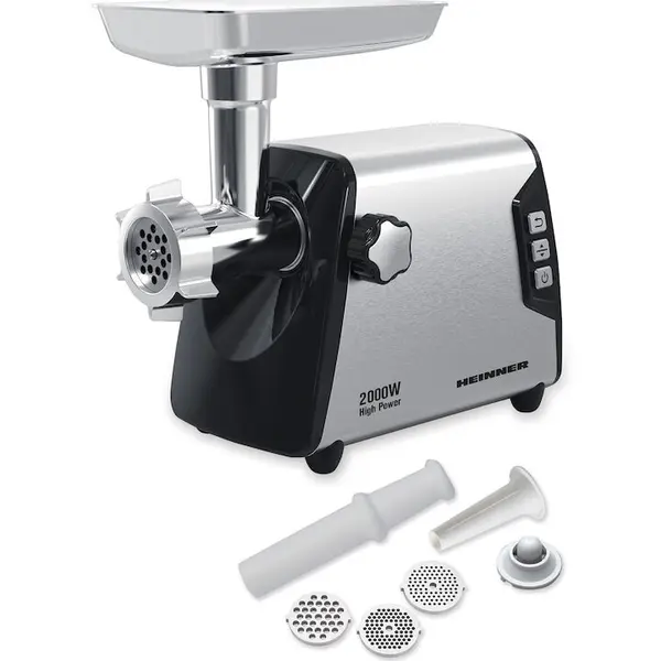 HEINNER Masina de tocat Heinner HMG-Y2000SS, 2000W, angrenaj metalic si carcasa din aluminiu, capacitate tocare de 3kg/min, cutit inox, 3 site metalice, buton switch cu 2 viteze, functie reverse, carcasa inox, negru/argintiu