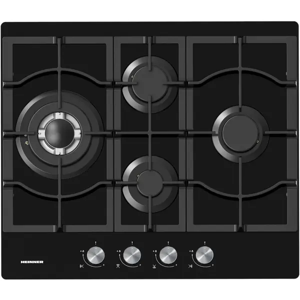 HEINNER Plita incorporabila Heinner HBH-M452IWFGBK, Gaz, 4 arzatoare, Gratar fonta, Wok, Aprindere electrica, Dispozitiv de siguranta, 60 cm, Sticla Neagra