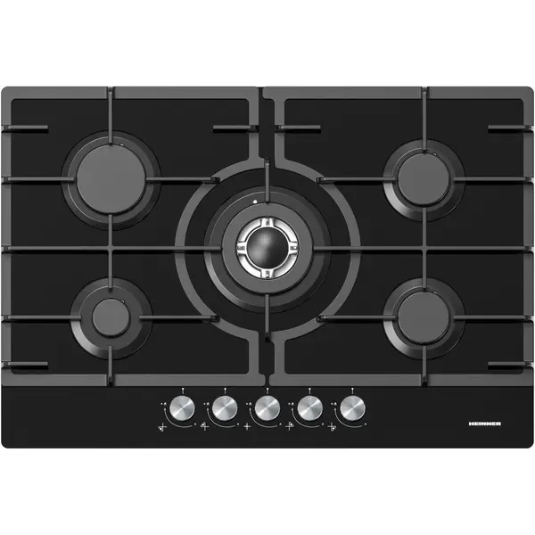 HEINNER Plita incorporabila Heinner HBH-M705IWFGBK, Gaz, 5 arzatoare, Gratar fonta, Wok, Aprindere electrica, Dispozitiv de siguranta, 75 cm, Sticla neagra