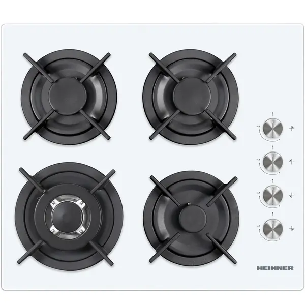 HEINNER Plita incorporabila Heinner HBH-V4IWF-GWH, Gaz, 4 Arzatoare, WOK, Gratar fonta, Aprindere electrica, Dsipozitiv de siguranta, 60 cm, Sticla Alba