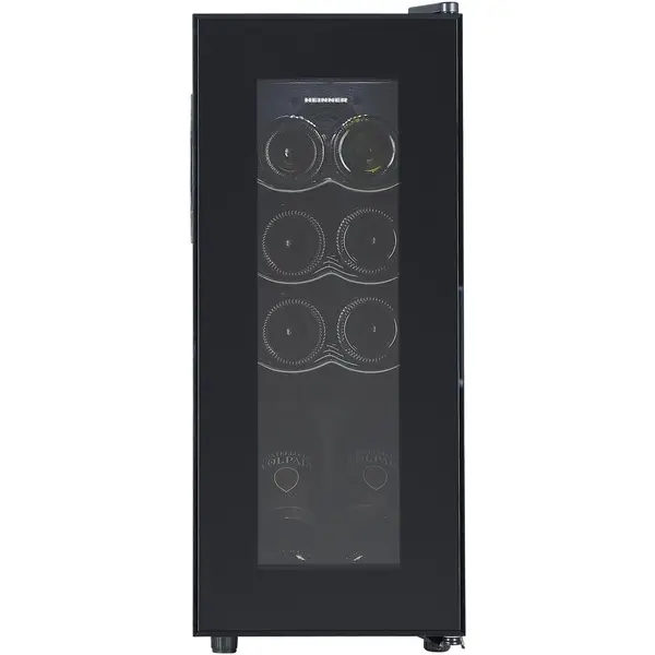 HEINNER Racitor de vinuri Heinner HRV-A28DRM8, 28 l / 8 sticle, Clasa G, Display digital, Control tactil, Interval setare temperatur 5~20°C, Lumina led, 3 rafturi cromate, Usa reversibila, Usa cu geam dublu, Negru