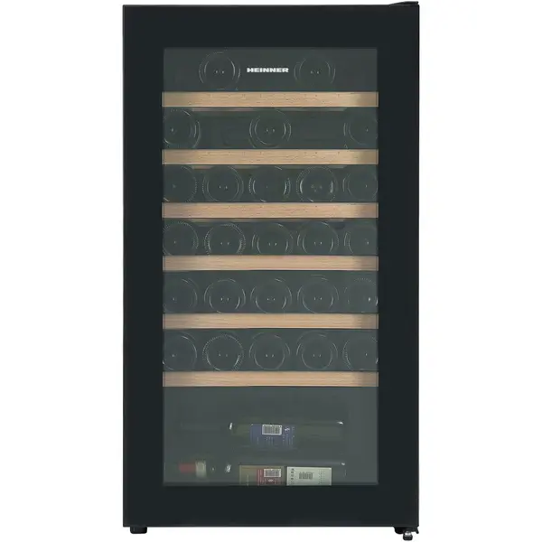HEINNER Racitor de vinuri Heinner HRV-A85DRL34, 85 l / 34 sticle, Clasa G, Display digital, Control tactil, Interval setare temperatur 5~20°C, Lumina led, 6 rafturi lemn, Usa reversibila, Usa cu geam dublu, Negru