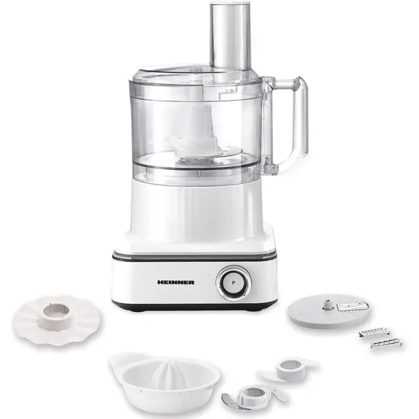 HEINNER Robot de bucatarie Heinner FineGourmet FHP-K1000WP, 1000W, 6 viteze+pulse, bol procesare: 2.3L, lame inox, disc framantare, 3 lame feliere, disc emulsifiere, cana plastic 1.5l, storcator citrice, Alb