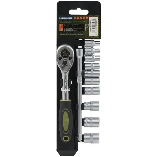 HEINNER Set 12 piese Heinner, Cheie cu clichet reversibila 1/4'', Bara de extensie: 152mm, capete chei tubulare, chrome vanadium
