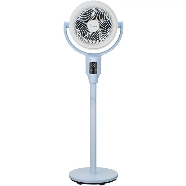 HEINNER Ventilator cu picior Fram FSF-MAT24DC-BL, 24W, compartiment aromaterapie, 5 palete, Turbo, 9 trepte de viteza, motor DC, timer, display led, control tactil, telecomanda, silentios, functie oscilare: 85°, inaltime max: 108cm, albastru/alb