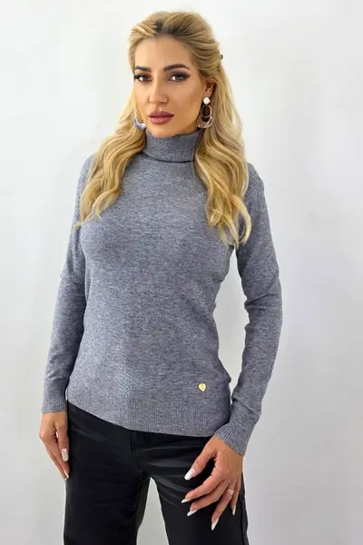Helanca office din casmir si lana, PATY Roll, cu guler rulat, Gri, Marime S/M