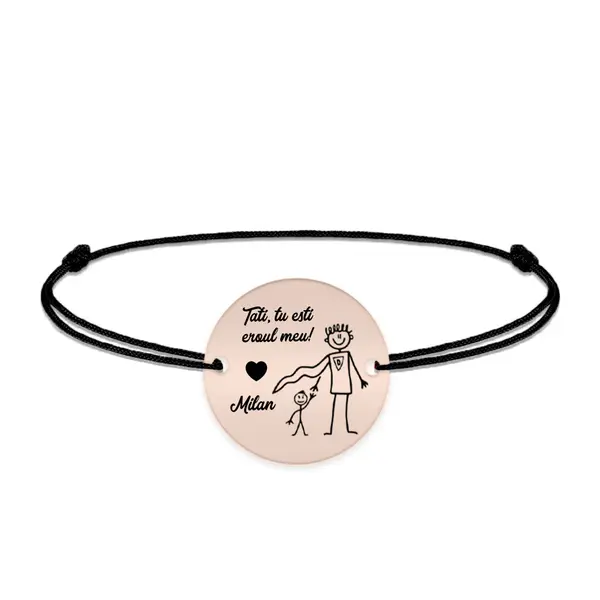 Hero - Bratara personalizata cu banut si snur pentru tata din argint 925 placat cu aur roz - "Tati, tu esti eroul meu!"