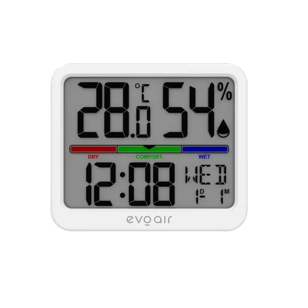 - Higrometru si termometru digital, Evoair SENTIMINI, indicator umiditate și temperatură, data si ora, Alb