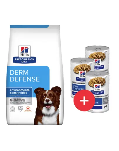 HILL'S Prescription Diet Canine Derm Defense 12 kg pentru câini cu alergii + 3 conserve GRATIS
