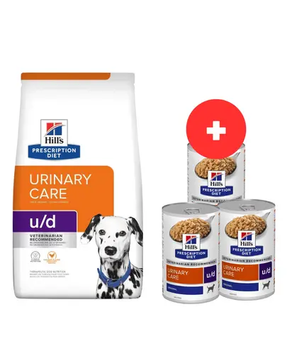 HILL'S Prescription Diet Canine U/D Urinary Care 10 kg tract urinar sensibil + 3 x 370g hrana caini GRATIS