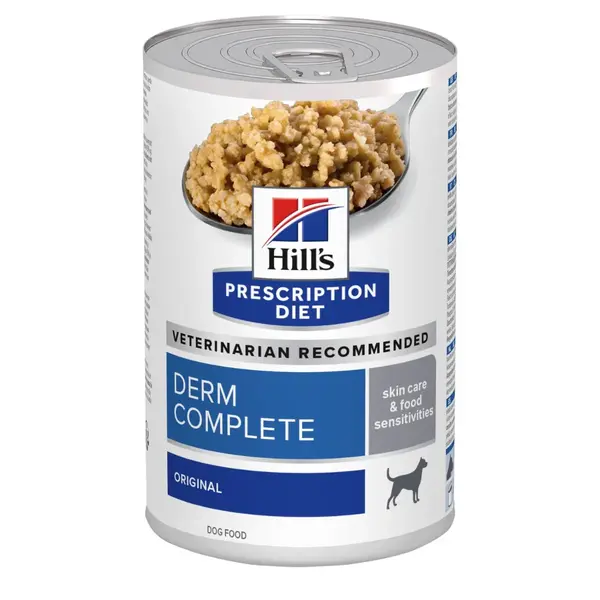 HILL'S Prescription Diet Derm Complete, XS-XL, Ou, dietă veterinară, conservă hrană umedă câini, piele & blană, (pate), 370g