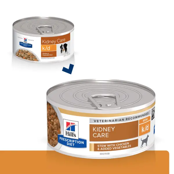 HILL'S Prescription Diet k/d Kidney Care, Pui cu Legume, dietă veterinară câini, conservă hrană umedă, afecțiuni renale, 156g