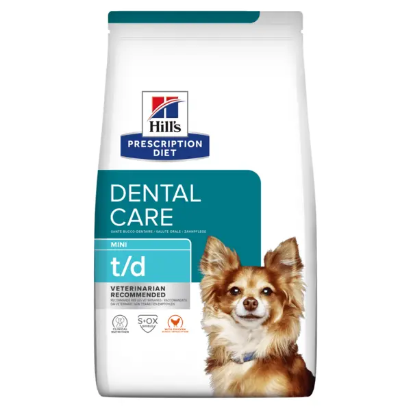 HILL'S Prescription Diet t/d Dental Care Mini, Pui, dietă veterinară câini, hrană uscată, sensibilități dentare, 3kg
