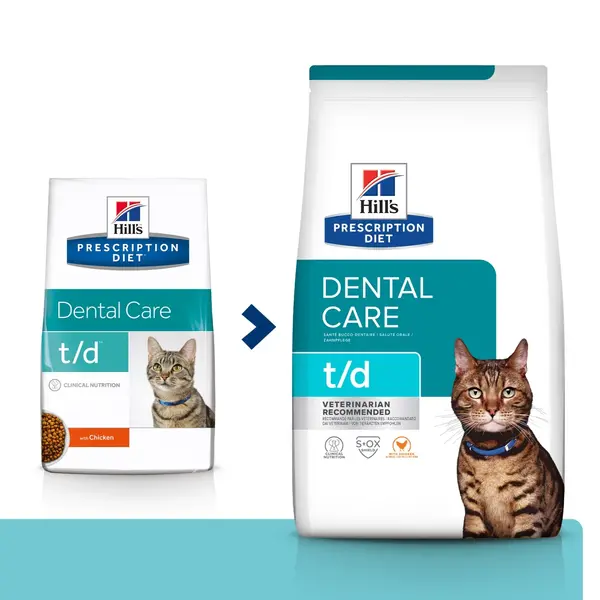 HILL'S Prescription Diet t/d Dental Care, Pui, dietă veterinară pisici, hrană uscată, afecțiuni dentare HILL'S Prescription Diet t/d Dental Care, Pui, dietă veterinară pisici, hrană uscată, sensibilități dentare, 3kg