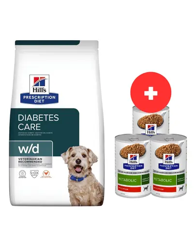 HILL'S Prescription Diet w/d Diabetes Care Chicken Adult 10 kg dupa castrare/supraponderal + 3 x 370g mancare caini GRATIS
