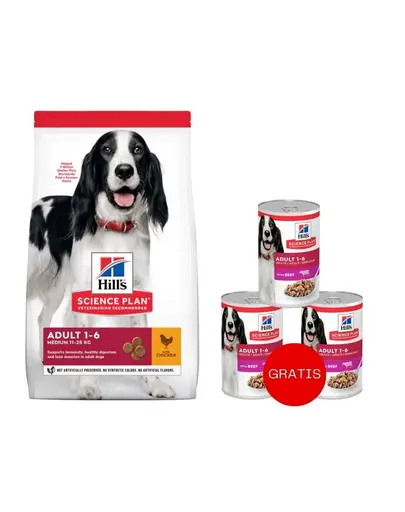 HILL'S Science Plan Adult Medium hrană câini talie medie, cu pui 14 kg + 3 conserve GRATIS