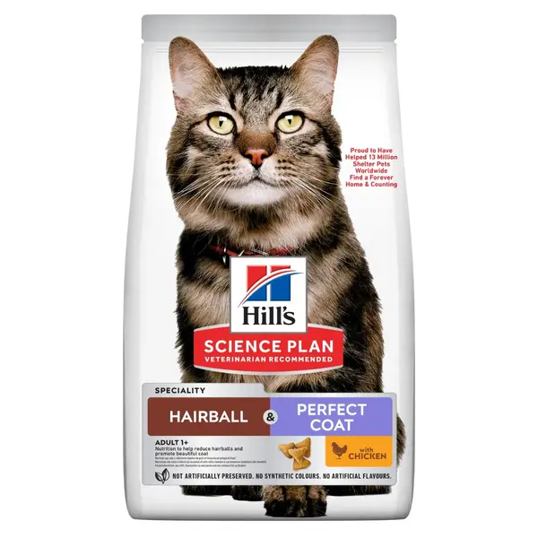HILL'S Science Plan Hairball & Perfect Coat, Pui, hrană uscată pisici, limitarea ghemurilor de blană, 1.5kg