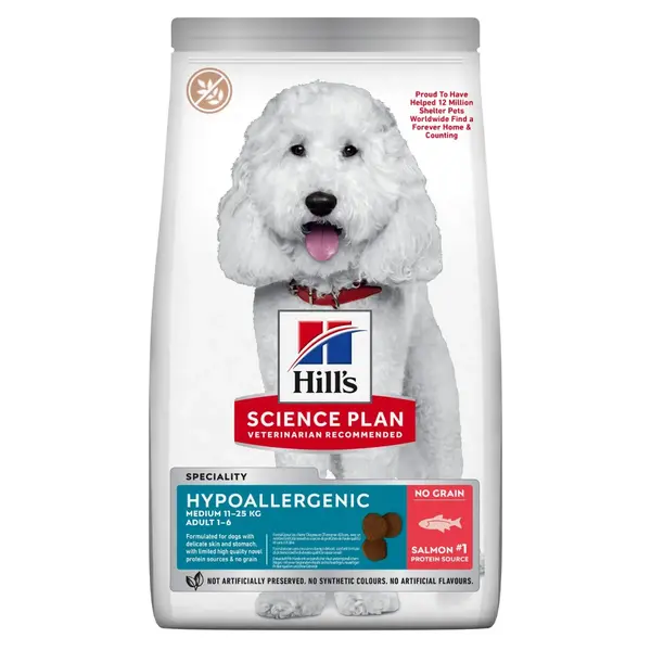 HILL'S Science Plan No Grain Hypoallergenic, M, Somon, hrană uscată fără cereale câini, sistem digestiv, alergii, 2.5kg