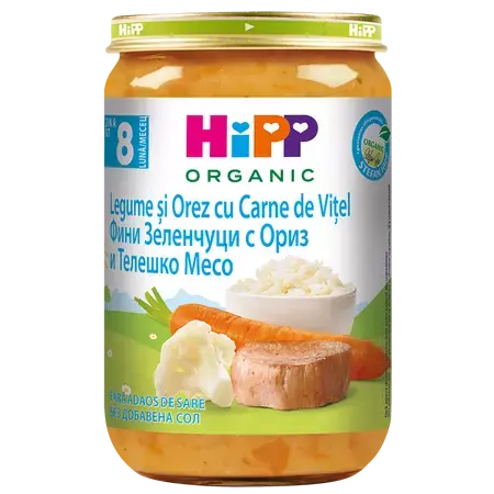 Hipp Eco piure legume si orez cu carne de vitel, + 8 luni, Hipp | 220 gr