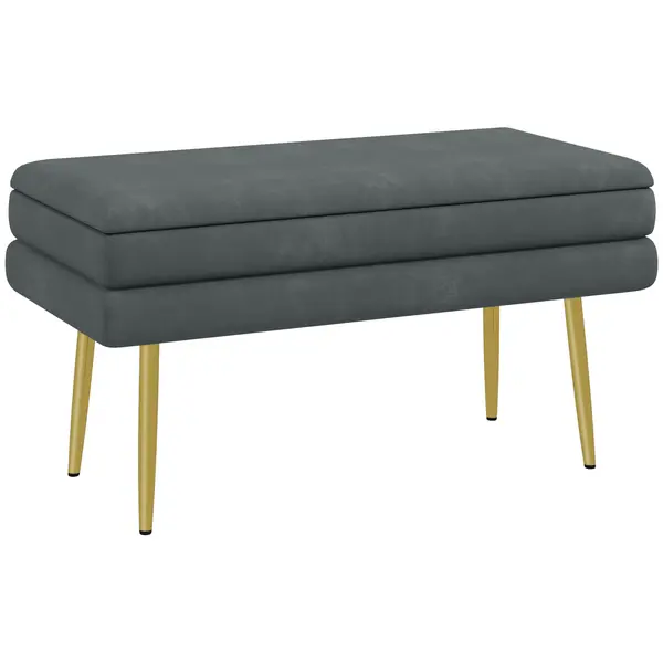HOMCOM Banc bancă cutie de depozitare 2 în 1 cu asistent aspect de catifea și picioare din oțel - 79,5L x 37,5P x 43H cm gri și aurit | Aosom Romania