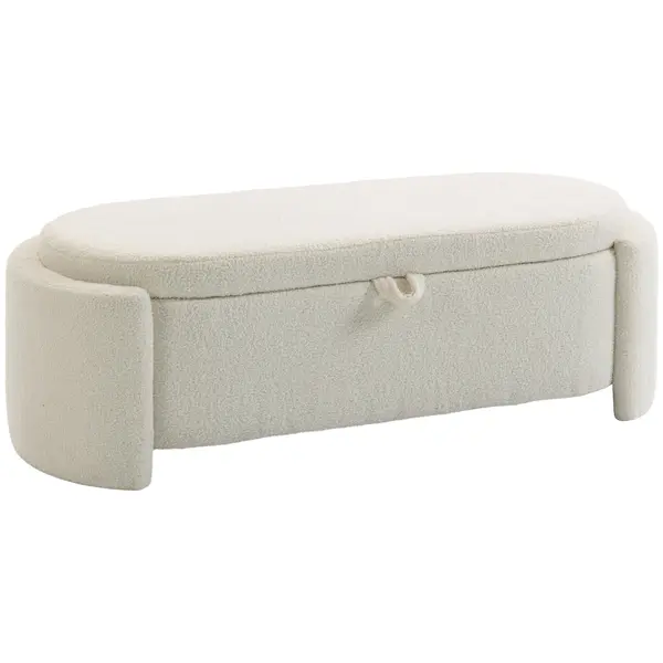 HOMCOM Banc de depozitare, banc la picioarele patului oval din polar Teddy cu șezut lat, 129 x 48,5 x 44 cm, crem | Aosom Romania