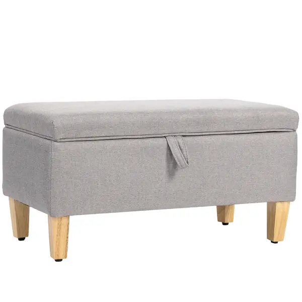 HOMCOM Banc de depozitare, capăt de pat, suport pentru picioare căptușit cu aspect de in cu picioare din lemn de cauciuc, 71x37x36cm, gri deschis | Aosom Romania