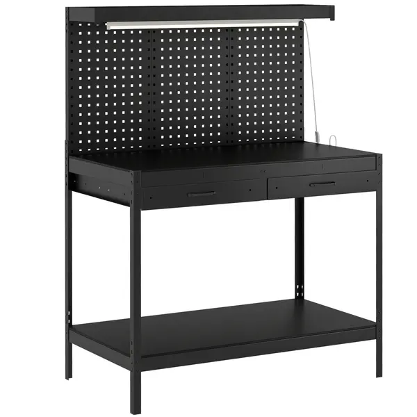 HOMCOM Banc de lucru 110 cm cu panou perforat, banc robust cu șină de prize și iluminare LED, Negru | Aosom Romania