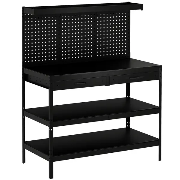 HOMCOM Banc de lucru cu rafturi reglabile, stație de lucru robustă cu panou perforat și 2 sertare, 122 x 61 x 156 cm, Negru | Aosom Romania