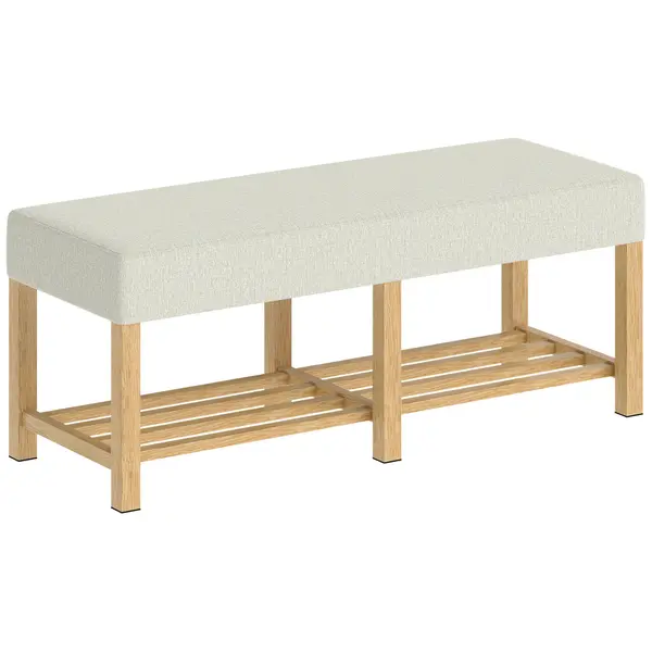 HOMCOM Banc pentru încălțăminte, banc de depozitare cu șezut capitonat, raft deschis, lemn de hevea, 120x44x48cm, lemn natural | Aosom Romania