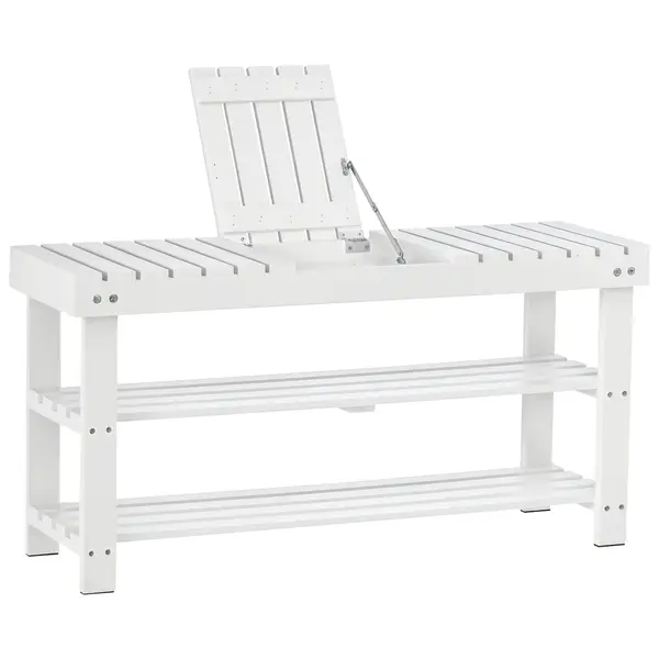 HOMCOM Banc pentru pantofi din lemn cu 3 niveluri cu rafturi de depozitare și compartiment ascuns, 90 x 29 x 45 cm, alb | Aosom Romania
