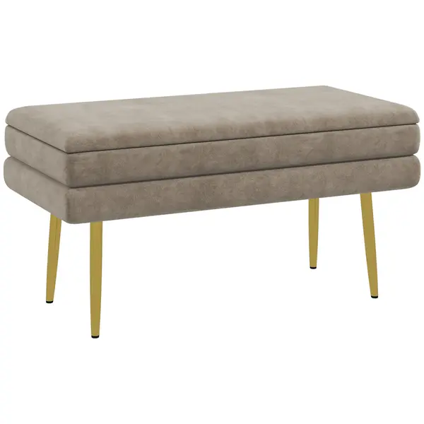 HOMCOM Bancă bancută cu spațiu de depozitare 2 în 1, șezut cu aspect de catifea și picioare din oțel - 79,5L x 37,5P x 43Î cm bej și aurit | Aosom Romania