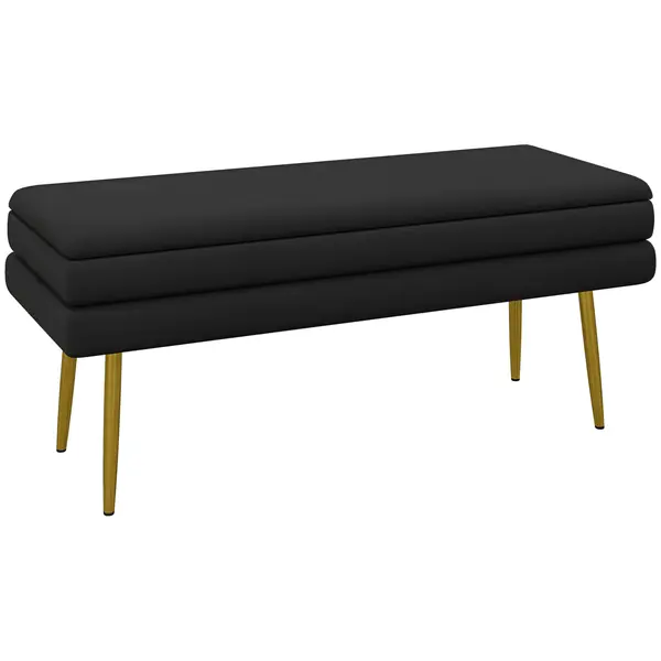 HOMCOM Bancă bancuță cutie de depozitare 2 în 1 cu șezut din catifea și picioare de oțel - 100 x 37,5 x 42 cm, negru și auriu | Aosom Romania