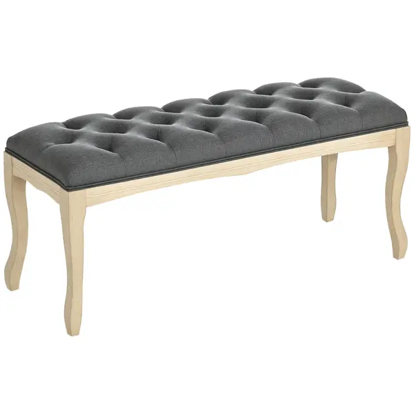 HOMCOM Bancă capitonată stil clasic 110 cm, capăt de pat tapitat cu in, picioare din lemn de hevea sculptat, Lin Gri | Aosom Romania