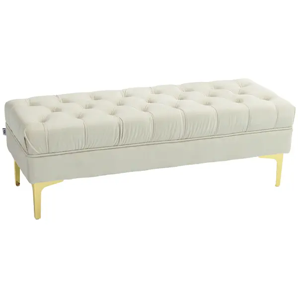 HOMCOM Bancă cu Husă Capitonată, Bancă Tapițată din Catifea cu Picioare Metalice, 118x45x42 cm, Bej | Aosom Romania
